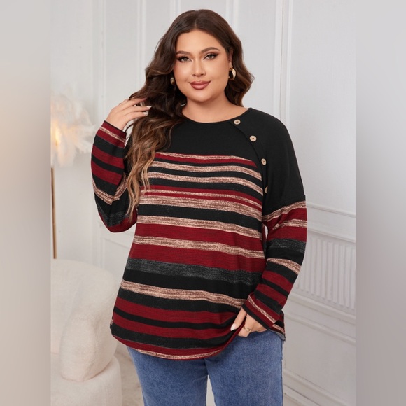 Plus Size Decorative Button Striped Round Neck Long Sleeve T-Shirt - Picture 1 of 7